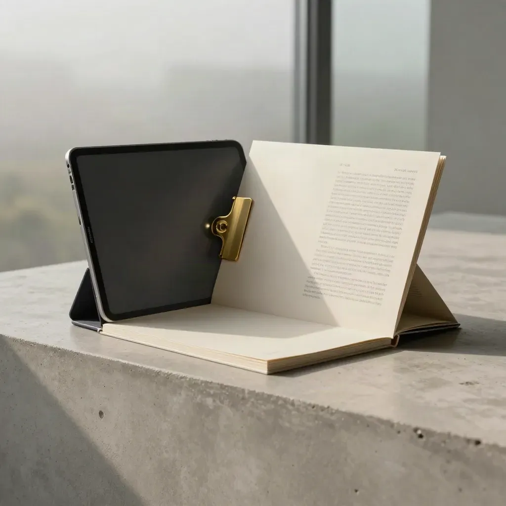 Ivory audit folio with tablet and analysis decks on a pale plinth in cool dawn mist.