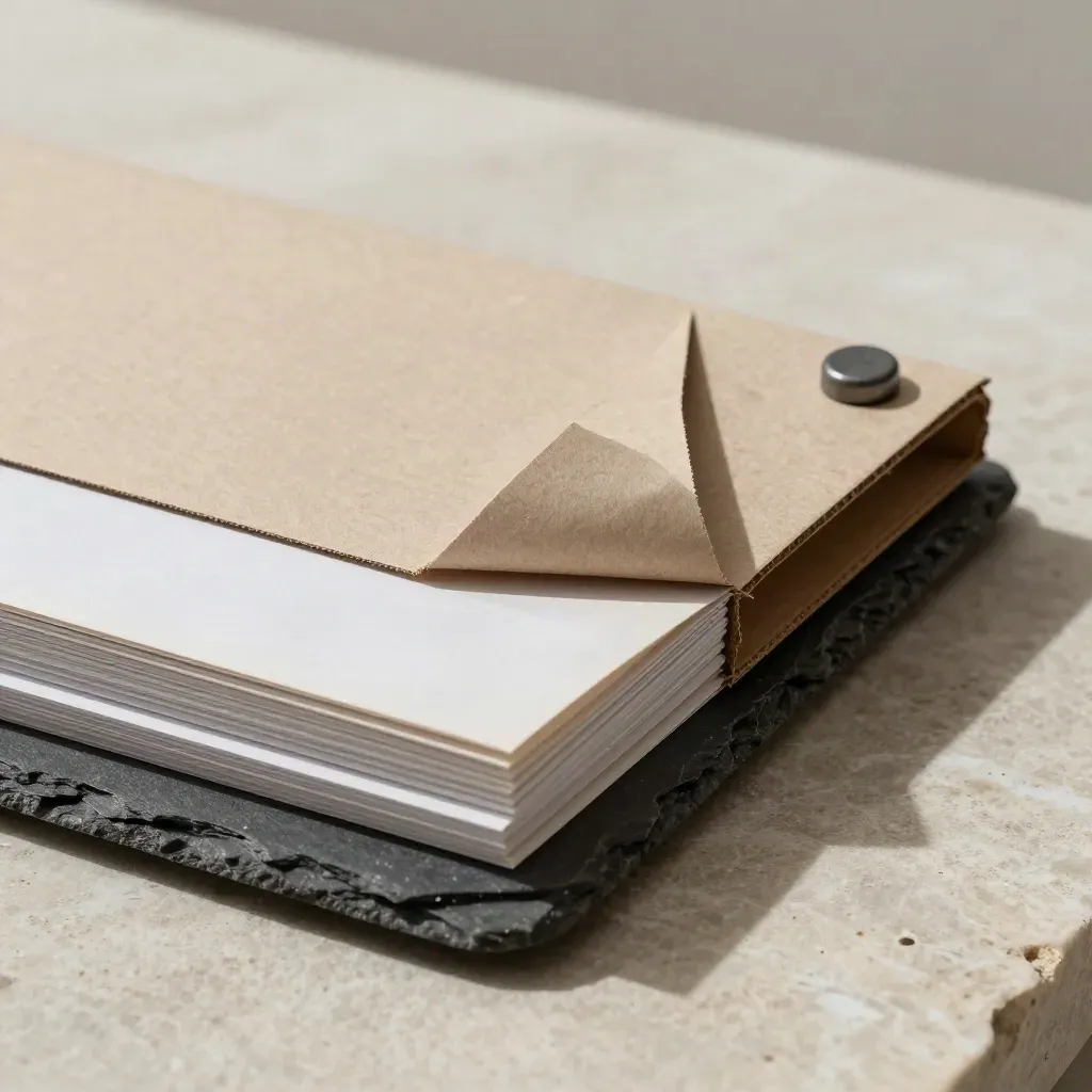 Layered audit packet on pale stone with a slate weight, corner lifting under raking light.