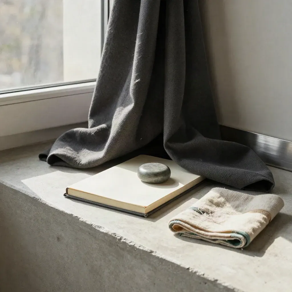 Charcoal-wrapped sprint pack on concrete with notebook, stone paperweight and linen swatch in soft daylight