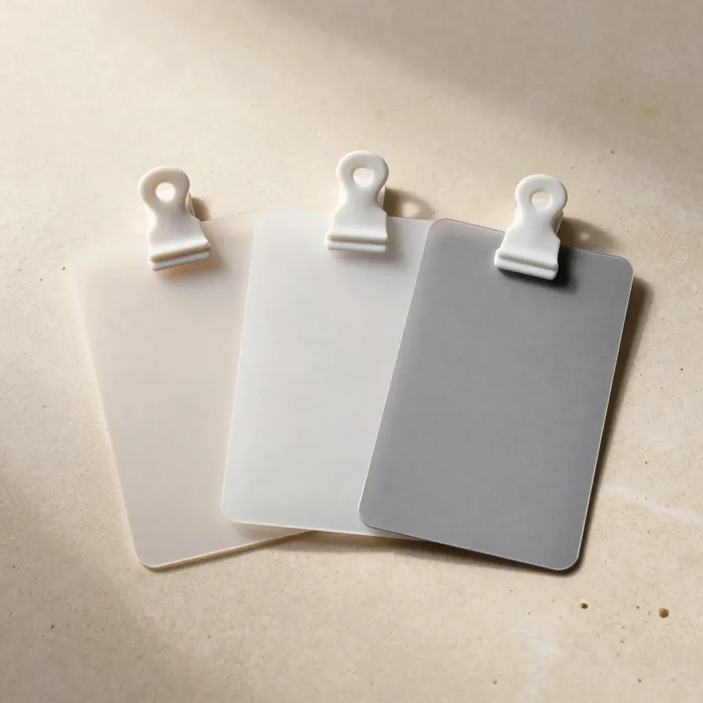 Overhead flatlay of frosted sample sleeves, translucent cards and a matte clip on pale stone.