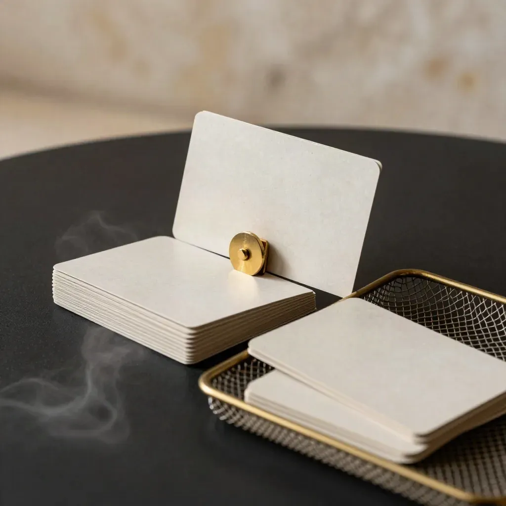 Lead gen campaign pack with blank cards, brass weight and mesh tray on a dark studio surface.