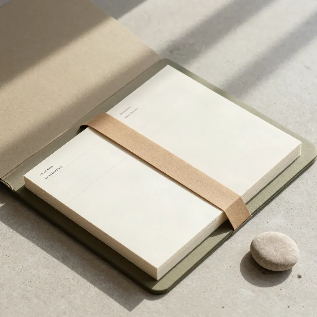 Overhead flatlay of a local search audit folder with blank cards, paper band and pebble weight.