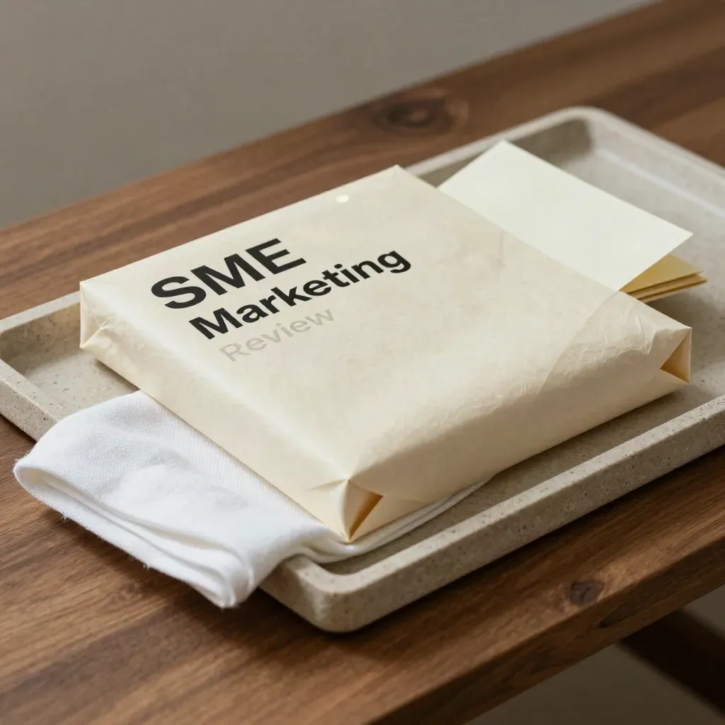 Wax-wrapped marketing dossier on a stone tray with folded cloth, lit in dramatic macro detail.