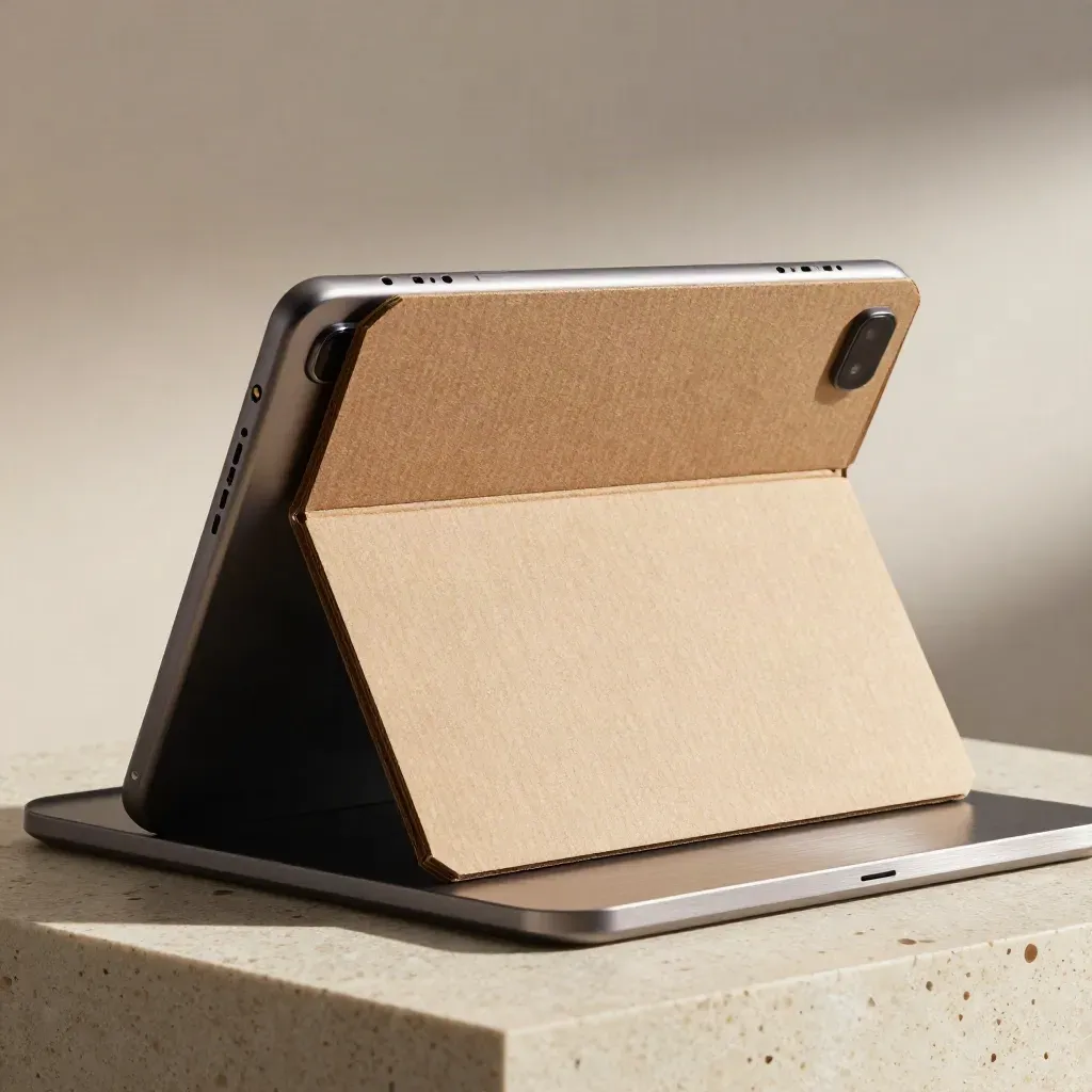 Open paperboard analytics case with tablets, tray, and stand on travertine.