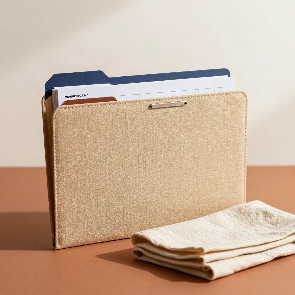 Linen-bound PPC care folder with note cards and cloth on terracotta, softly lit close-up.