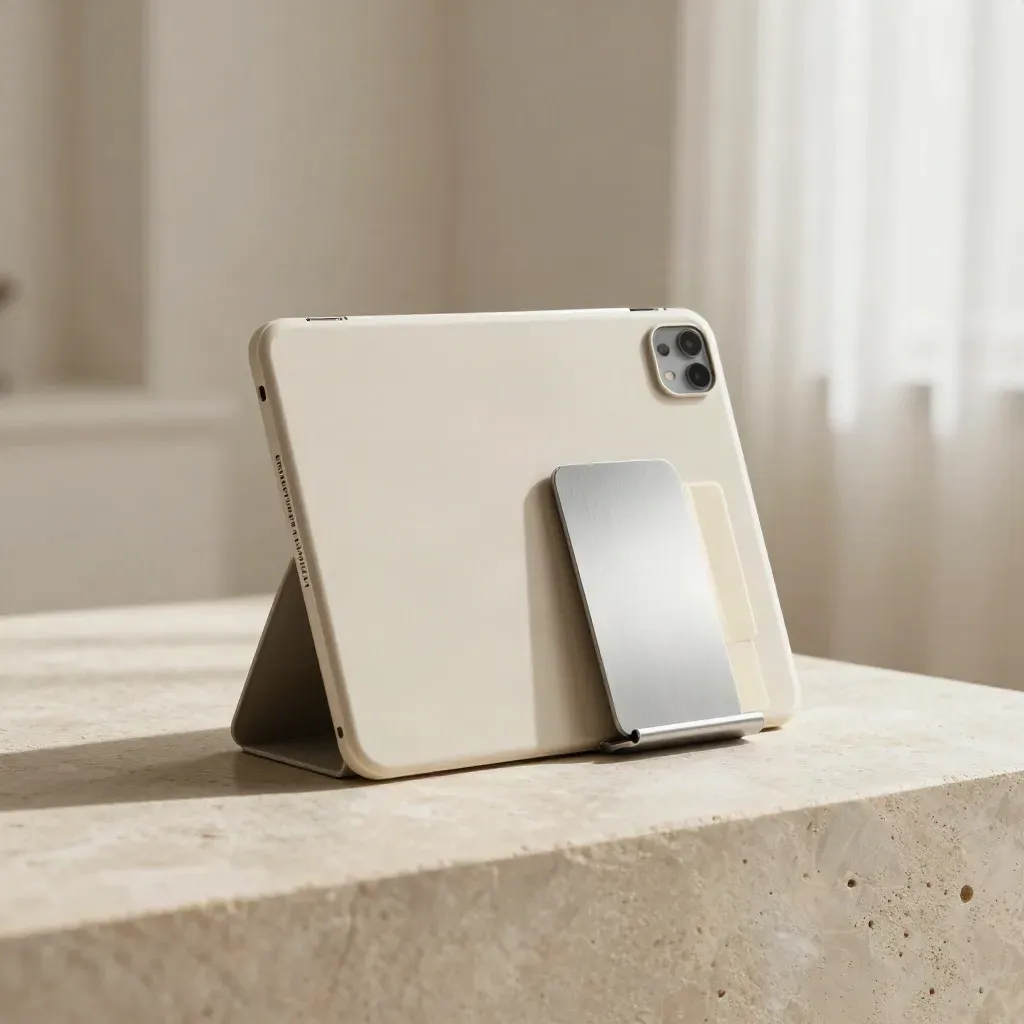 Cream lead-gen kit with tablet, folder and metal stand on stone, lit by soft daylight.