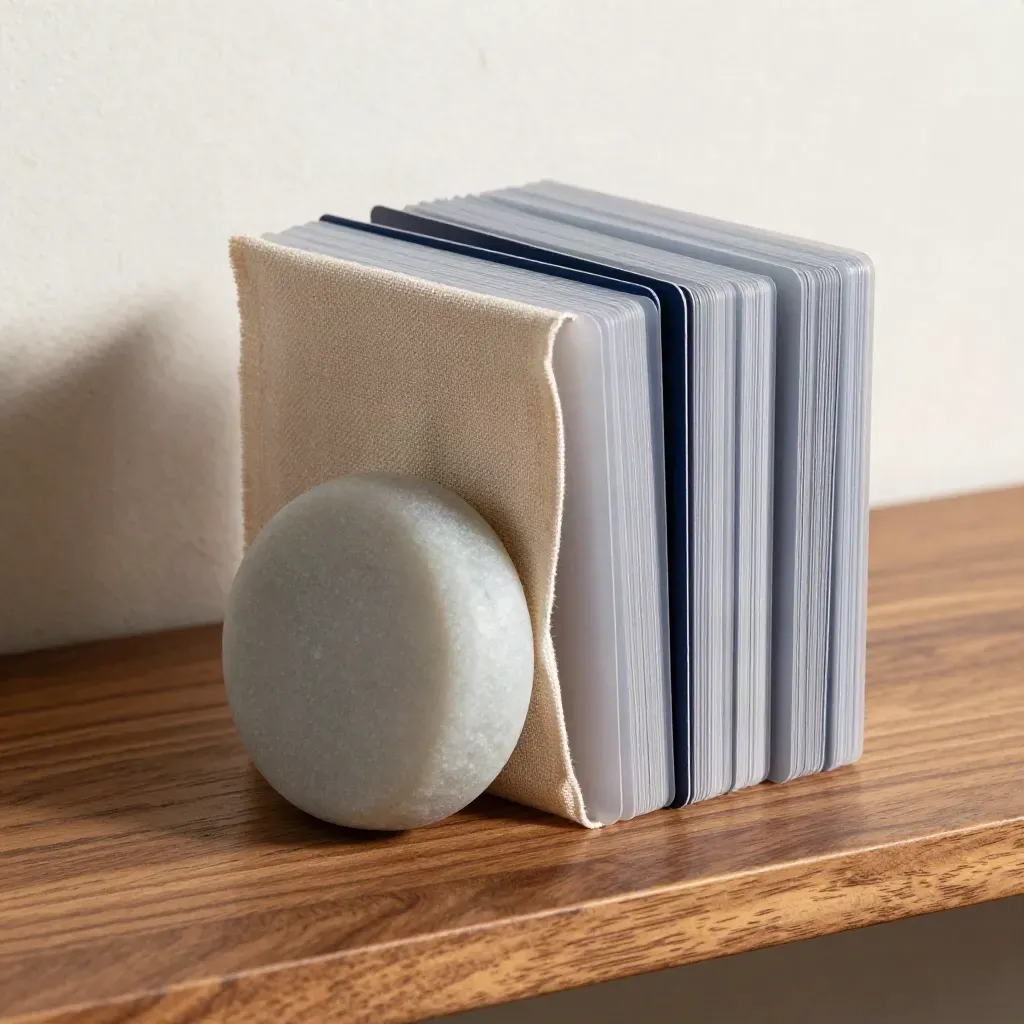Macro of frosted sleeves fanning around translucent cards, stone weight and linen strip on warm wood.