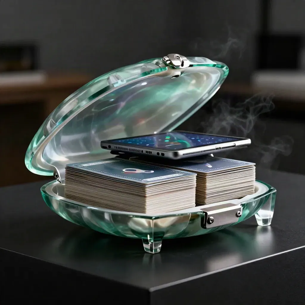 Emerald translucent analytics case bursting open around a tablet and layered cards on black plinth.