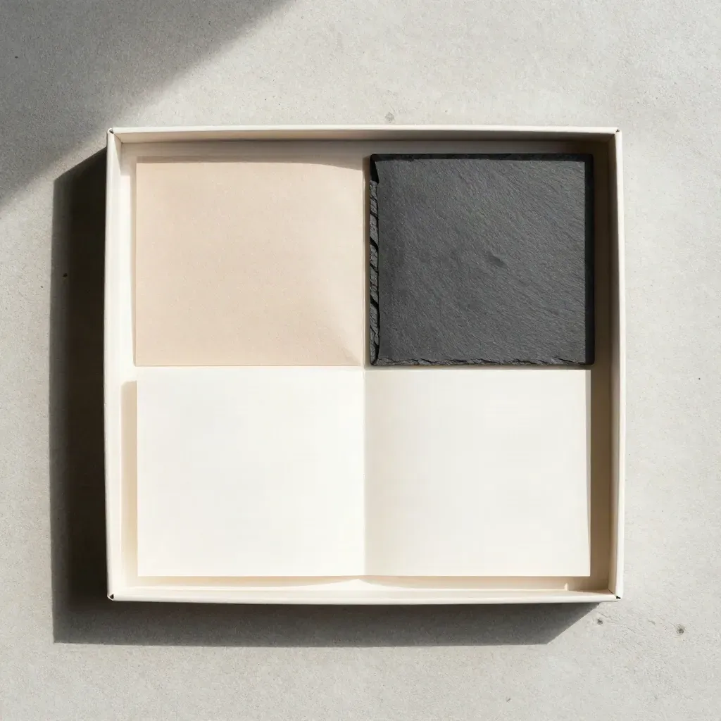 Cream box bundle with folded insert and slate card on pale concrete, overhead flatlay