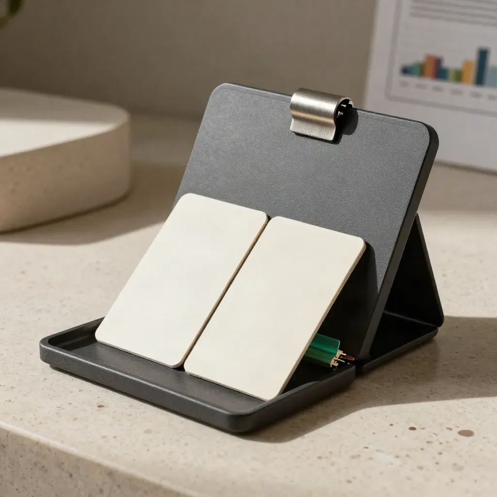 Matte charcoal PPC care plan case open on travertine with clasp and inserts