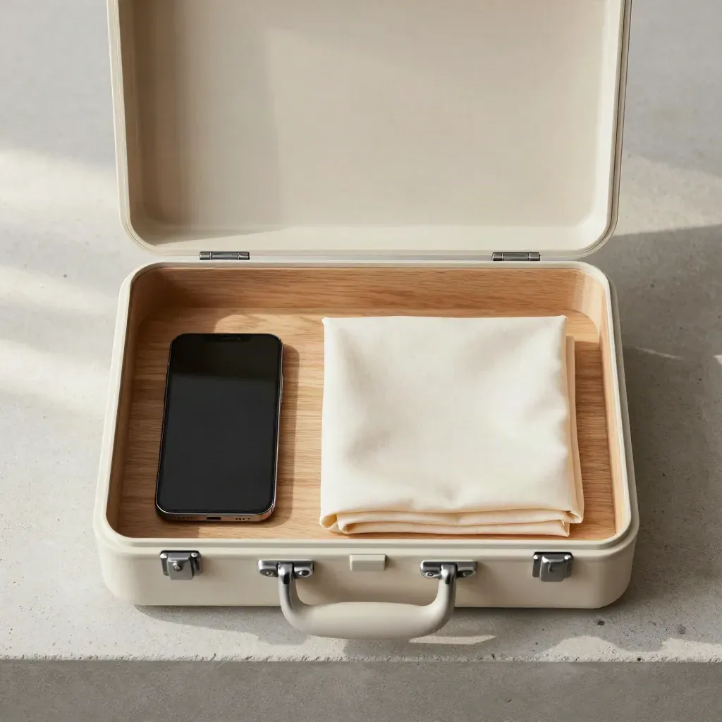 Overhead flatlay of an open ivory audit case with a wooden tray, face-down phone and folded cloth.