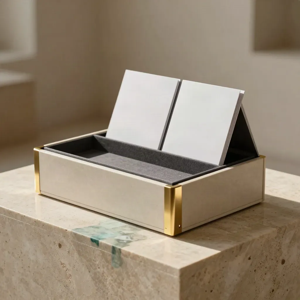 Premium stone presentation box with brass corner and blank cards on a limestone plinth.