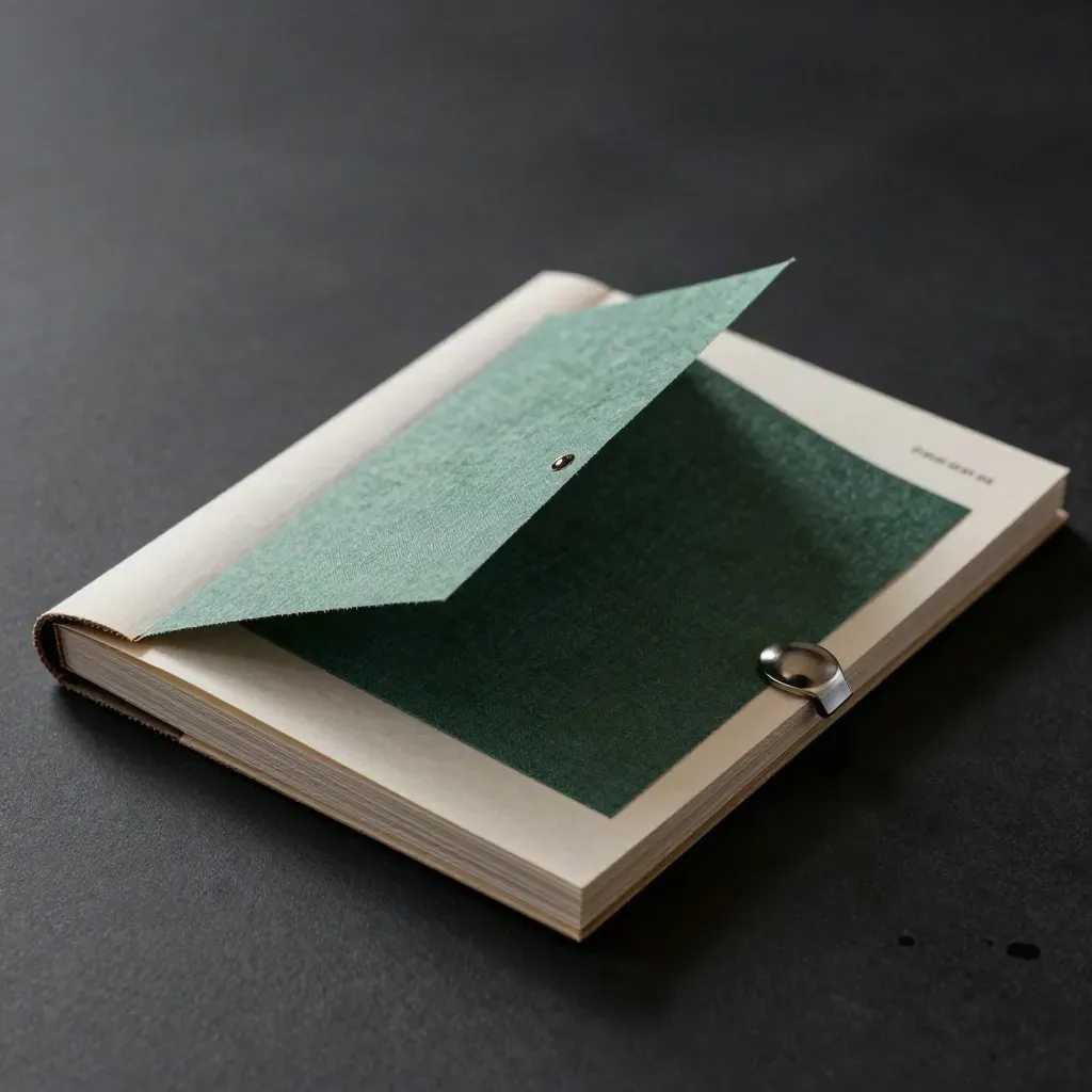 Half-open landing page review folio with proof sheet and emerald swatch on matte black.