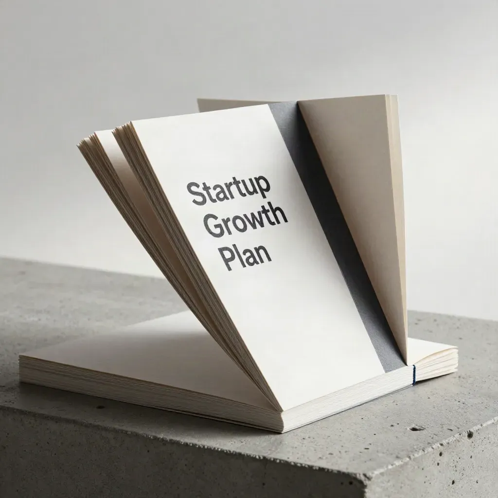 Macro of a white growth plan folio with graphite band, folded card, and dark weight on concrete.