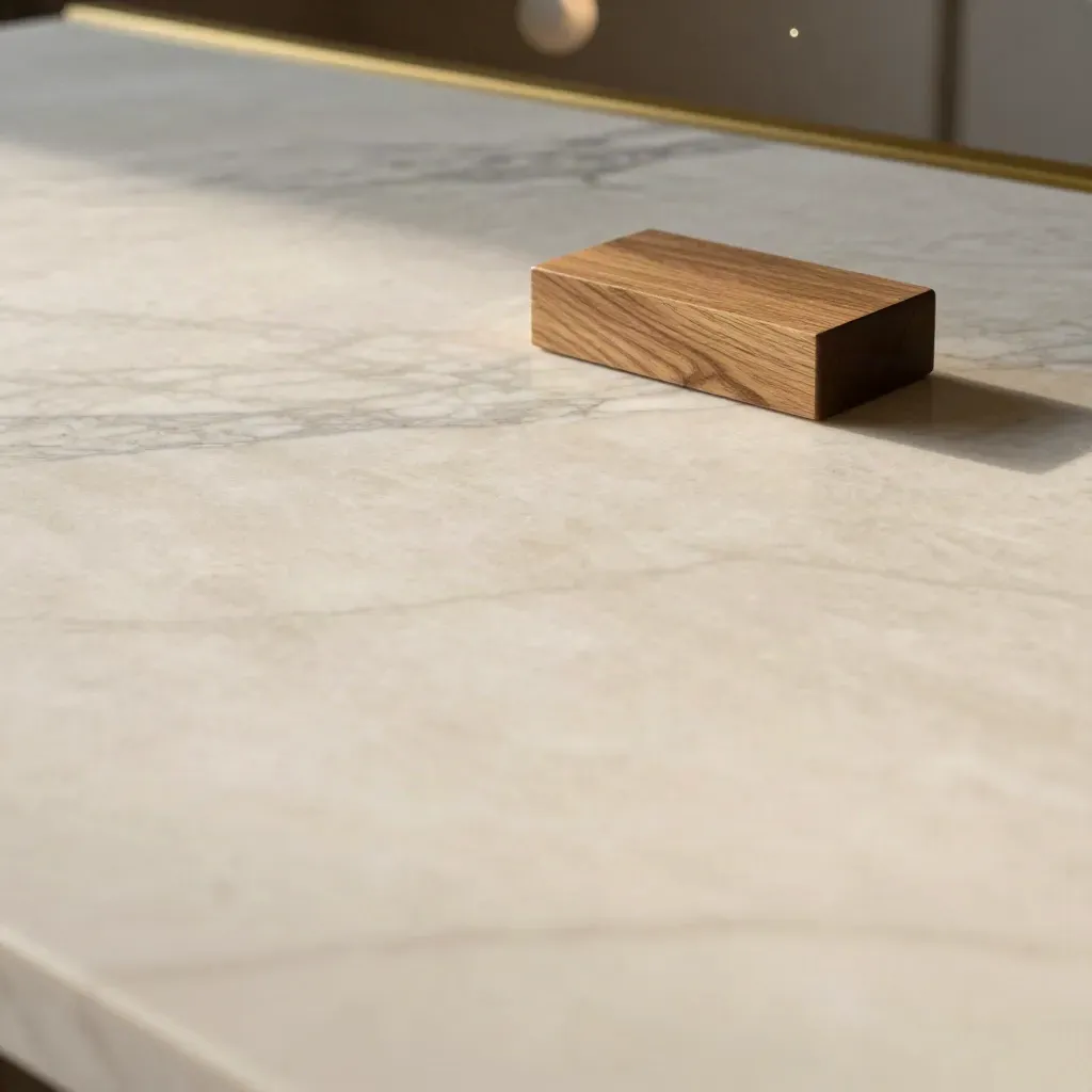 Marble surface with wood block and brass edge, sunlit and airy for headline copy.